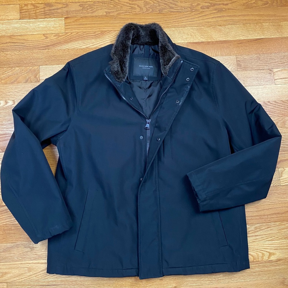 Marc New York Andrew Marc Mens XL Black Quilted Jacket Faux Fur Collar Coat Warm